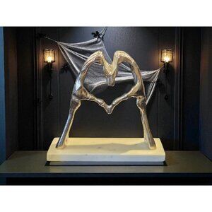 New LRG Metal Marble Skeleton Heart Hands Sculpture Love Halloween Holiday Decor